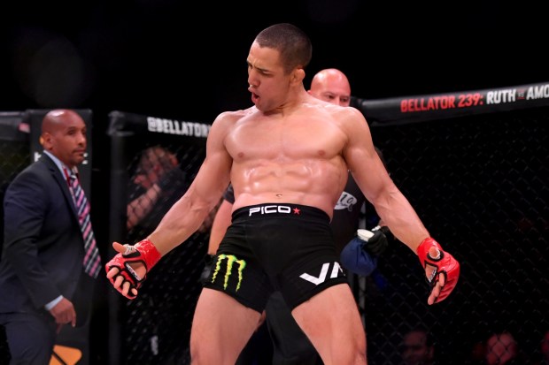 Aaron Pico celebrates after defeating Daniel Carey via knockout during Bellator 238 on Jan. 25, 2020, at The Forum in Inglewood. (Photo by Hans Gutknecht, Los Angeles Daily News/SCNG)