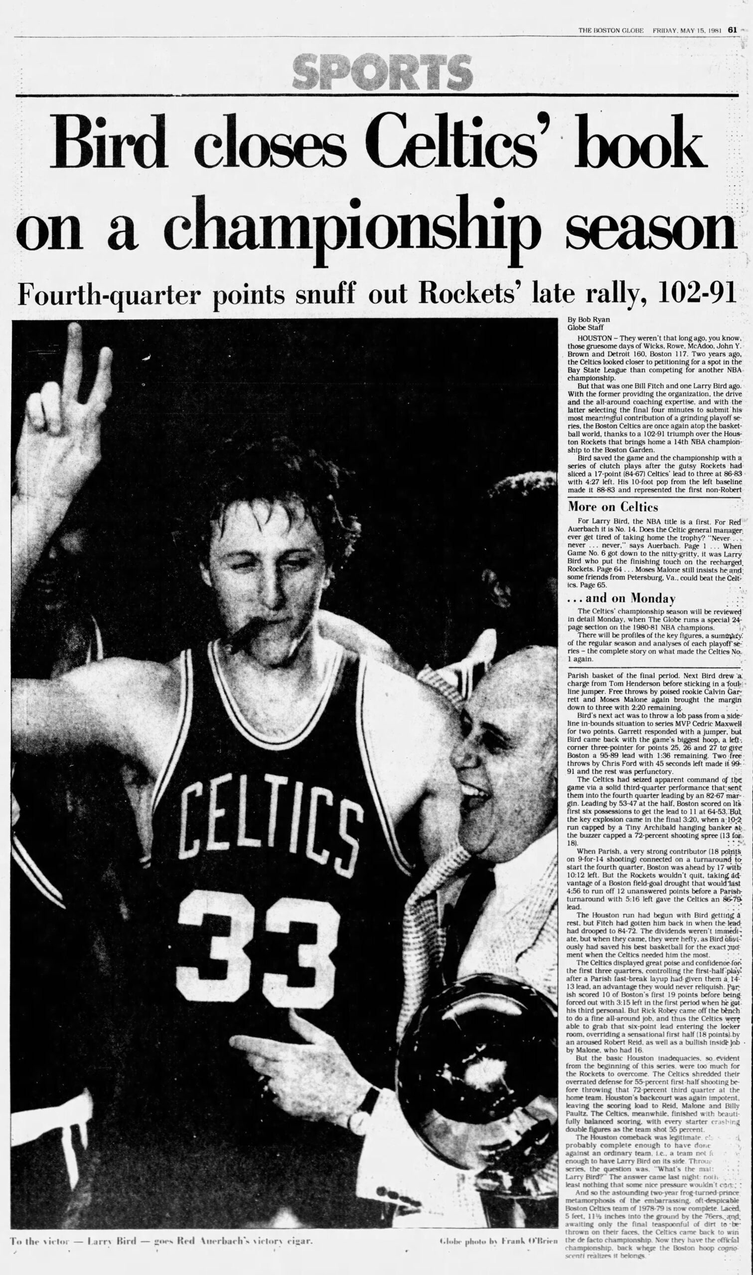 1981 Celtics Championship Larry Bird Red Auerbach Boston Globe
