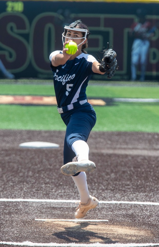 Pacifica starting pitcher Brynne Nally delivers a pitch against J...