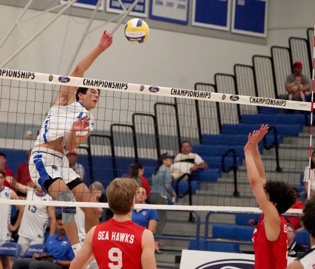 Santa Margarita's Ethan Saint smashes the ball towards the Redondo side during the game between Redondo vs. Santa Margarita in the CIF-SS Division 3 boys volleyball championship game at Cerritos College on Saturday, May 11, 2024. (Photo by Michael Kitada, Contributing Photographer)