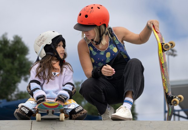 Natalie Ellig, who has been skateboarding for 26 years, gives...