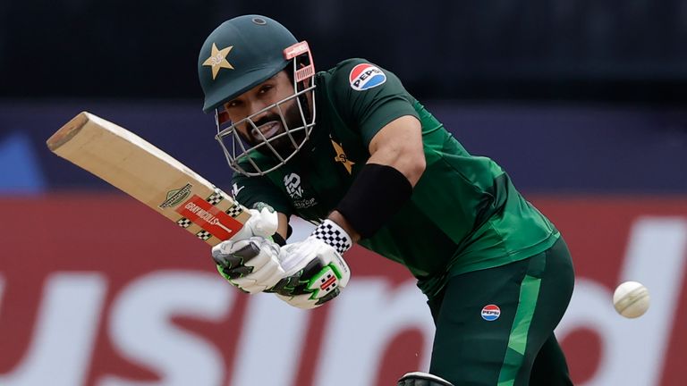 Pakistan's Mohammad Rizwan plays a shot during the ICC Men's T20 World Cup cricket match between Pakistan and Canada in New York (AP Photo/Adam Hunger)