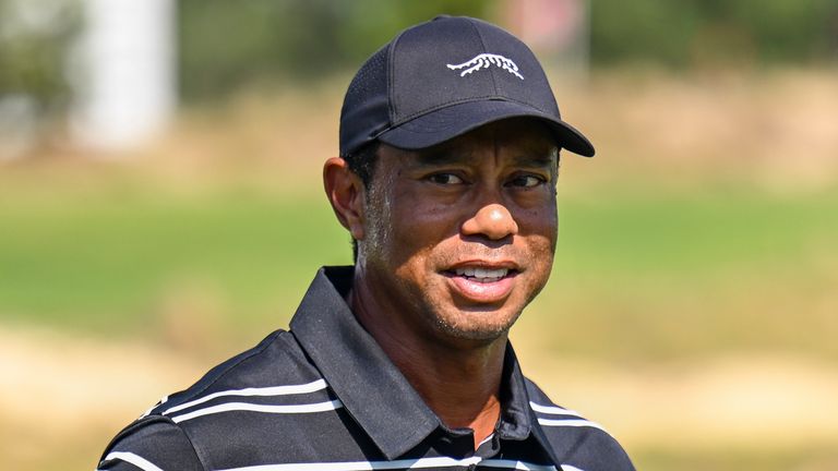 PINEHURST, NORTH CAROLINA - JUNE 09: Tiger Woods smiles on the range during practice for the U.S. Open on the No. 2 Course at Pinehurst Resort on June 9, 2024, in Pinehurst, North Carolina. (Photo by Keyur Khamar/PGA TOUR via Getty Images)